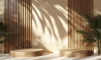 Beige Wooden Display Podiums With Plant Shadow