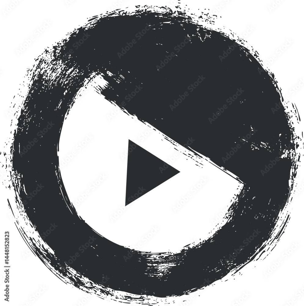 Poster grunge style black play button icon with a circular brushstroke design on white background
