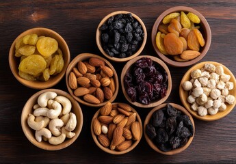 Assorted dried fruits and nuts arranged in wooden bowls.