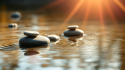 Minimalist zen stones floating on calm water with soft reflections and muted natural colors. Clean composition that evokes peace and stillness, Created with generated AI.