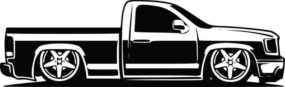 Black and white vector of lowered classic pickup truck with custom wheels, side view silhouette