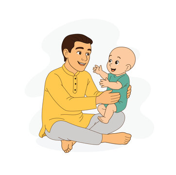 Father Playing with Newborn Baby &ndash; Happy Family Moment Illustration. Dad is playing with the Newborn baby, holding him/her in his hand. Happy fun time father with baby. 