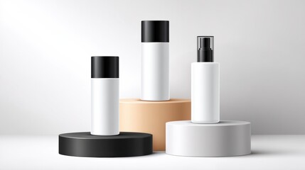 Minimalist cosmetic bottles displayed on geometric podiums with a clean white background.