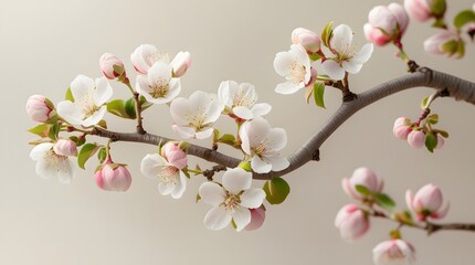 Obraz premium Pink-Tipped White Blossoms on Branch with Green Leaves