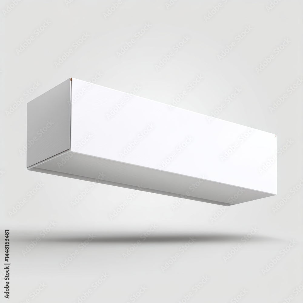 Poster a minimalist white rectangular box floats above a light grey background, casting a subtle shadow bel