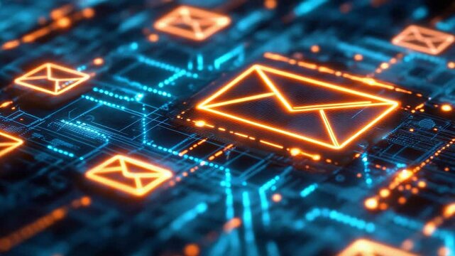 Glowing digital envelope icons on a futuristic circuit board, symbolizing electronic mail and digital communication technology.