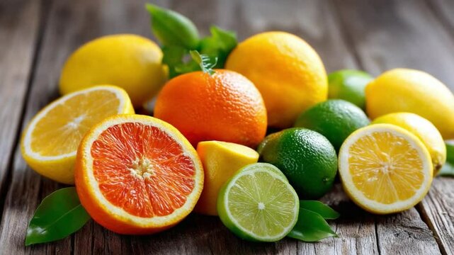 Citrus Delight: A vibrant display of fresh citrus fruits, including oranges, lemons, and limes, arranged artfully on a rustic wooden surface, offering a tantalizing visual feast of color and flavor.