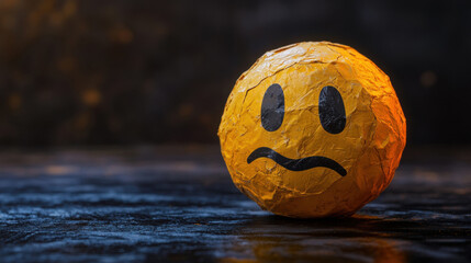 sad emoji print on the ball, isolated on black background