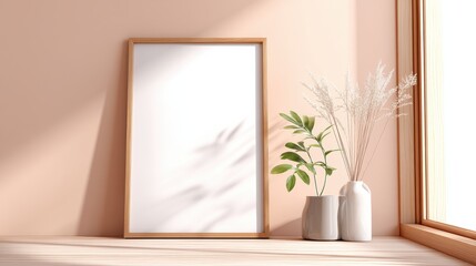 Minimalist decor featuring a blank wooden frame and ceramic vases with greenery and dried plants on a sunlit windowsill.