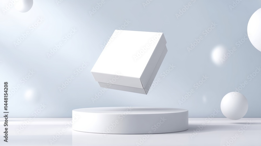 Poster minimalist image of a floating white box above a round pedestal with soft, abstract white spheres in