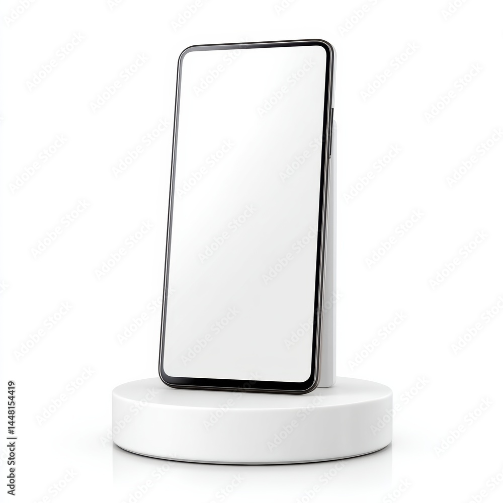 Poster minimalist smartphone with a blank screen displayed on a white circular platform against a plain bac