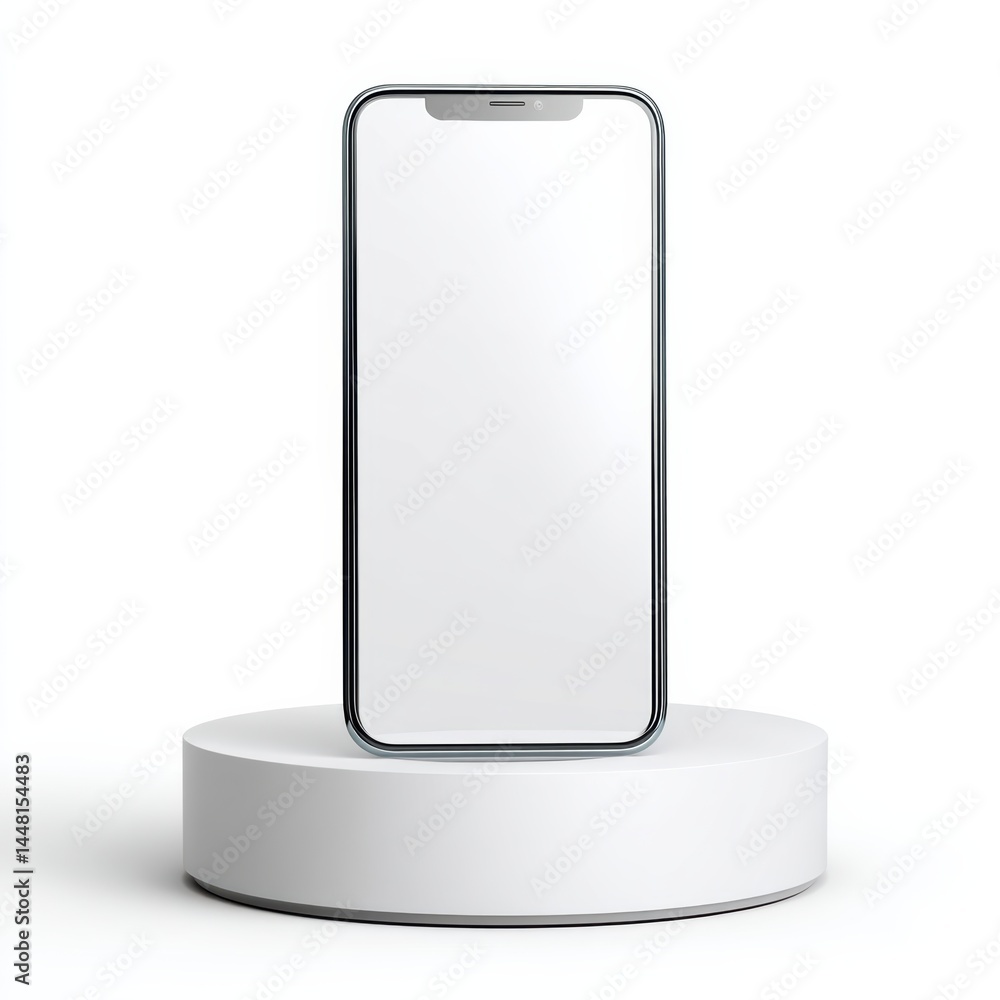 Poster a modern smartphone with a blank screen displayed on a white circular podium against a minimal backg