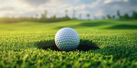 Obraz premium Golf ball on green course hole with sunlit trees in background.