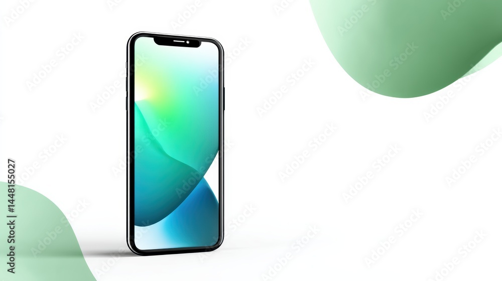 Poster a modern smartphone with a vibrant screen is displayed on a minimal, abstract background with green 