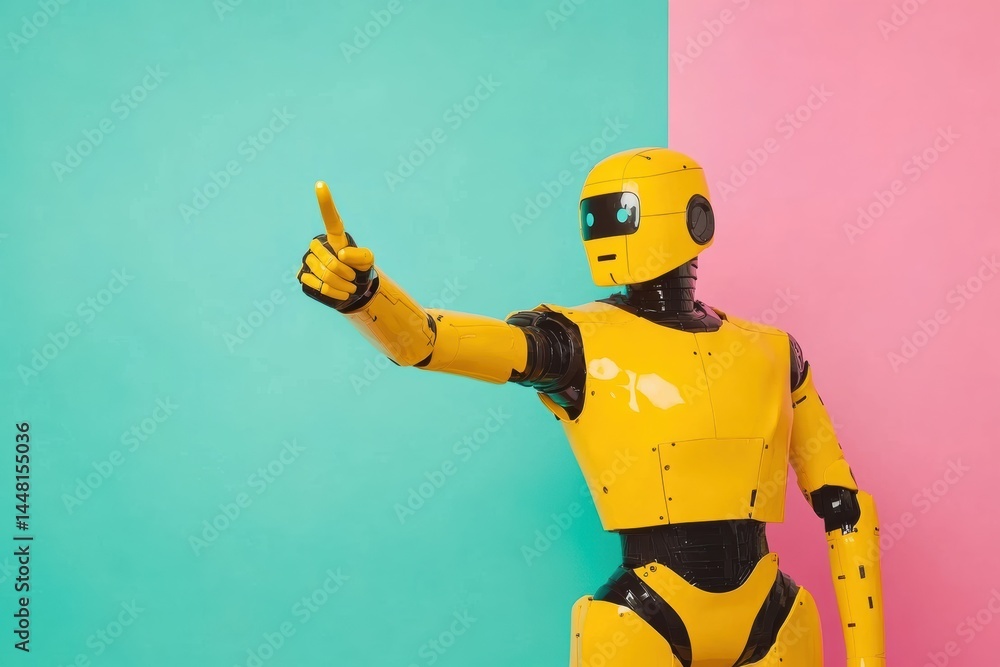 Poster bright yellow robot points with enthusiasm in a colorful setting with pink and teal backgrounds