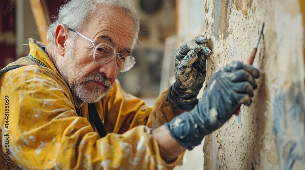 Poster an elderly man wearing a yellow jacket and gloves, using a chisel to carve a piece of stone in a wor