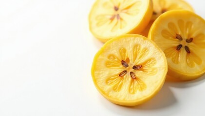 Dehydrated banana slices, golden brown, on white , banana chips, raw, white background
