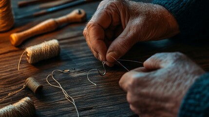 Craftsman's Hands Tying Fishing Hook with Rustic Gear on Wooden Tabletop Scene