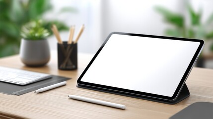 A digital tablet with a blank screen sits on a modern wooden desk, surrounded by a stylus, keyboard, and plants in a bright workspace.