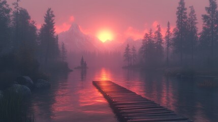 Peaceful, rosy sunset over a tranquil mountain lake.