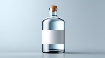 Fototapeta premium A clear glass bottle with a blank white label and cork stopper sits on a smooth, light background.