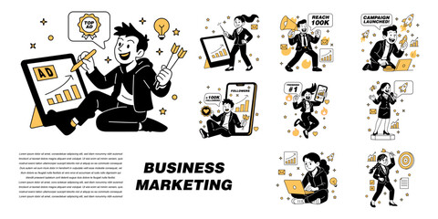 Vector illustration of business marketing concepts with characters, charts, icons, and growth elements. Ideal for landing pages, presentations, and web campaigns.