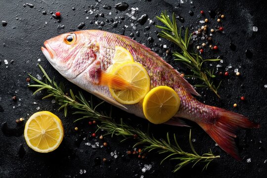 Raw snapper garnished with lemon rosemary salt and pepper on a dark backdrop Healthy eating idea Overhead view empty space Fish cooking ingredients