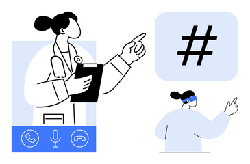 Doctor holding clipboard pointing while engaging patient virtually. Call icons and metadata tag indicating digital tools. Ideal for telemedicine, healthcare, consultation, virtual meetings
