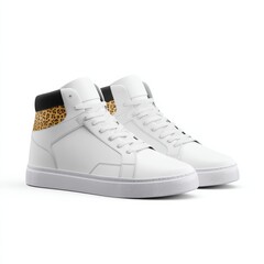 White high-top sneakers with leopard print detail and black accents, displayed on a plain white background.