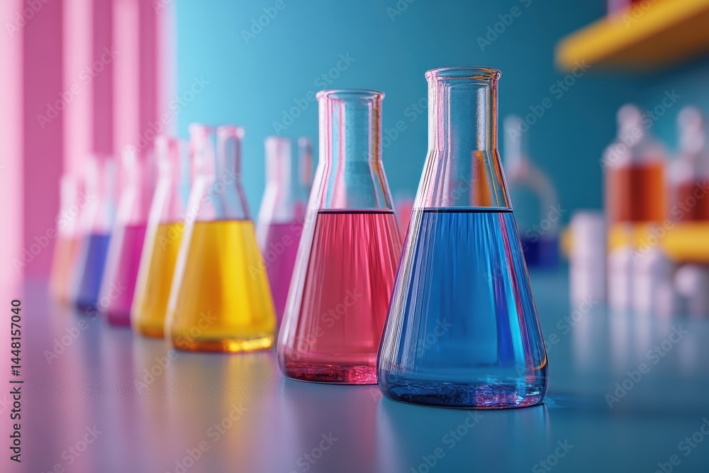 Poster engaging science lesson featuring colorful liquids in virtual lab experiments