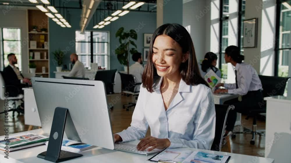 Poster smiling woman working at computer in modern office with colleagues collaborating in background