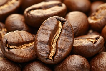 Close-up view of roasted coffee beans highlighting their rich textures and unique shapes