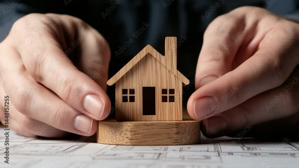 Aufkleber wooden house model placed on blueprint with hands creating a protective gesture emphasizing real est