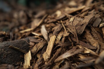 Recycled wood mulch creates a natural backdrop enhancing soil with bark chips Eco friendly organic farming promotes zero waste