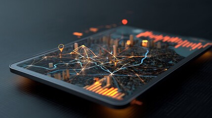 3d business network map on a floating tablet lit with node connections and market indicators