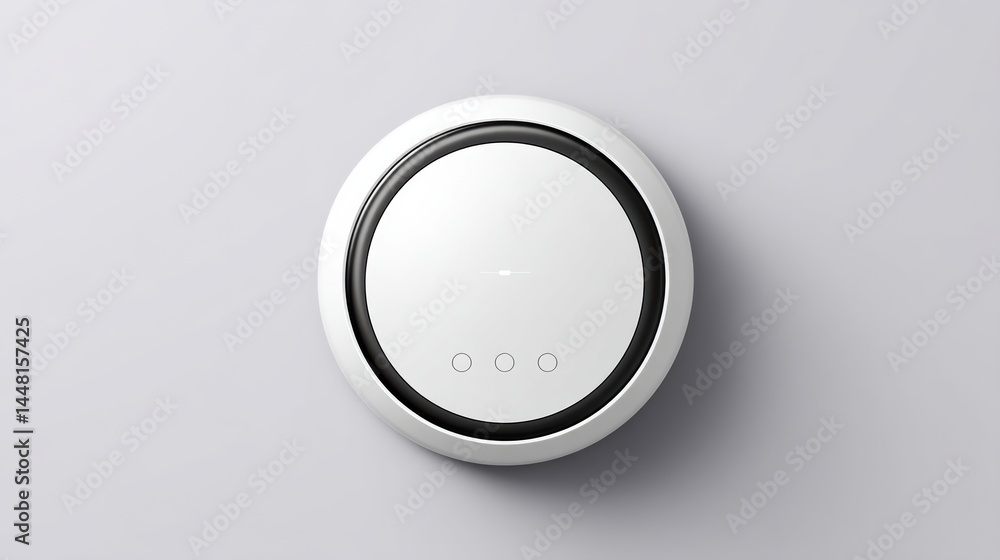 Poster minimalist smart thermostat with a circular design, mounted on a light wall, featuring three touch b