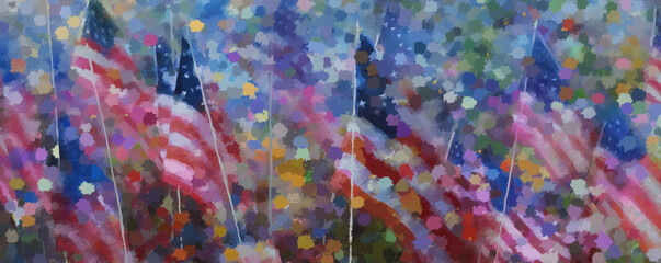 Colorful abstract painting of American flags with festive atmosphere