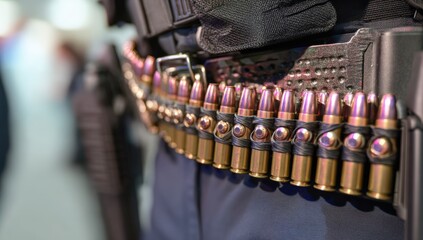 Close-up of bullets on a tactical belt, showcasing readiness and preparedness.