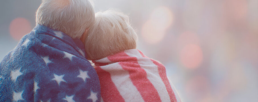 Elderly couple wrapped in American flag blanket watching parade