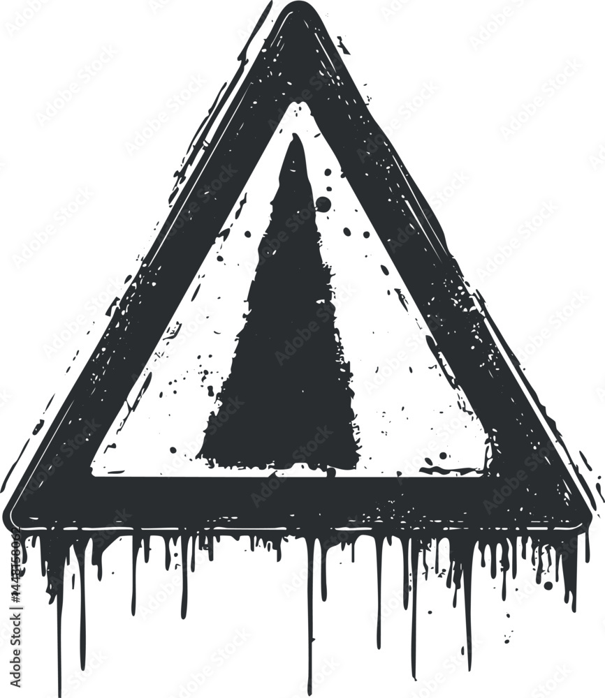 Poster grunge style triangular warning sign with paint drips and distressed texture in black and white