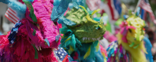 Fototapeta premium Colorful dragon costumes in vibrant parade setting