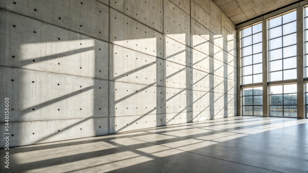 Poster spacious empty room with polished concrete wall and large windows casting rectangular shadows on flo
