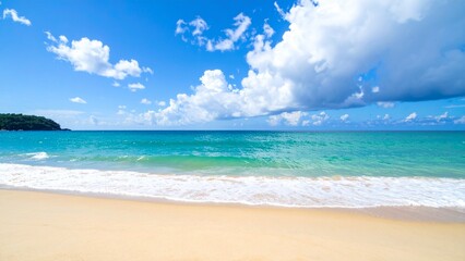 明るくて広々とした真夏の砂浜と海 背景素材 チラシ・バナー・動画素材 AI生成素材