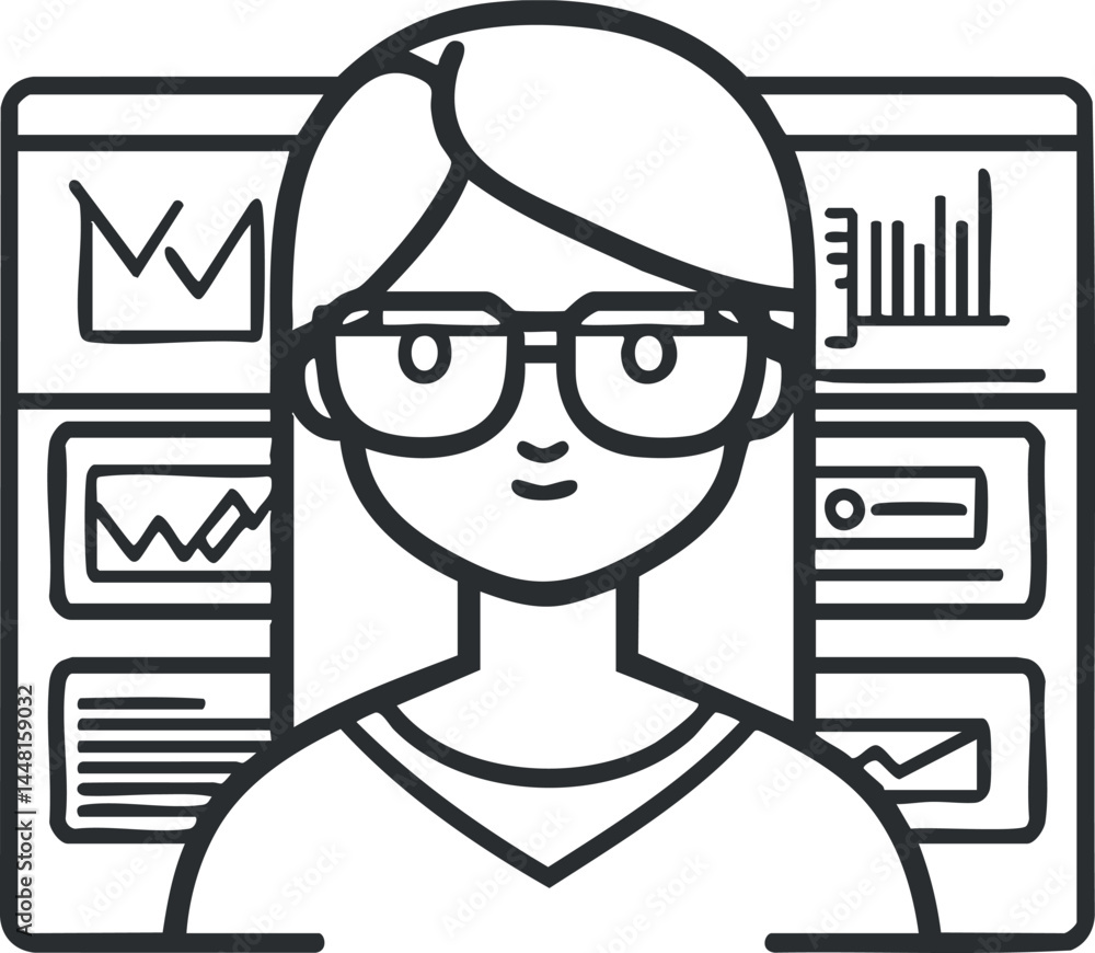 Poster outline illustration of a woman with glasses in front of a screen displaying charts and graphs for d