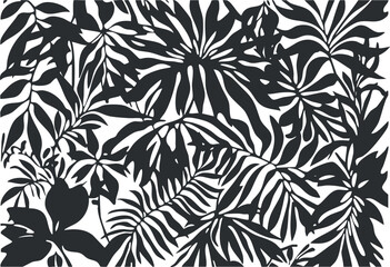 Black and white tropical leaf silhouette pattern with various jungle foliage shapes and botanical design