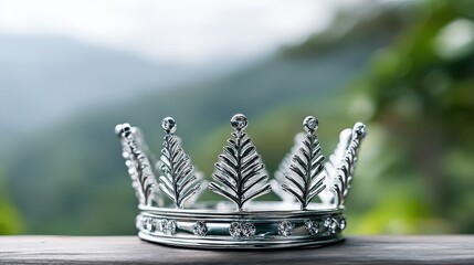 A silver crown with leaf-shaped designs and gemstones rests on a wooden surface, with a blurred green landscape in the background.