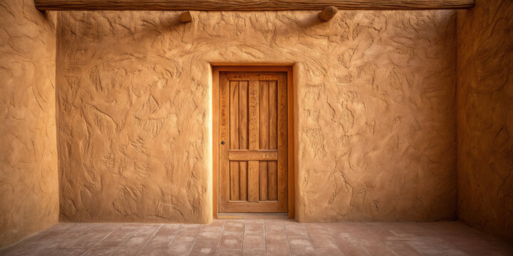 Rustic wooden door with textured adobe wall and tiled floor in warm earthy tones creating cozy and natural atmosphere