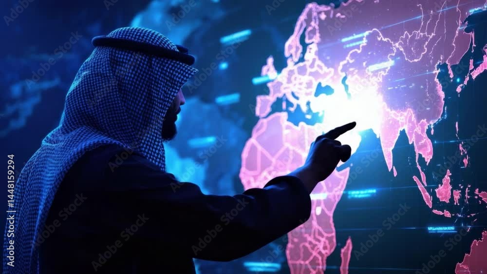 Poster man in traditional attire analyzing digital world map with data visualization in dark room