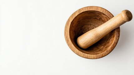 Culinary tool, wooden mortar and pestle flat lay isolated on bright white surface