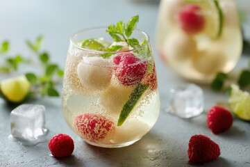 Revitalizing lychee beverage with raspberry lime mint and ice A fizzy non alcoholic cocktail ideal for summer thirst